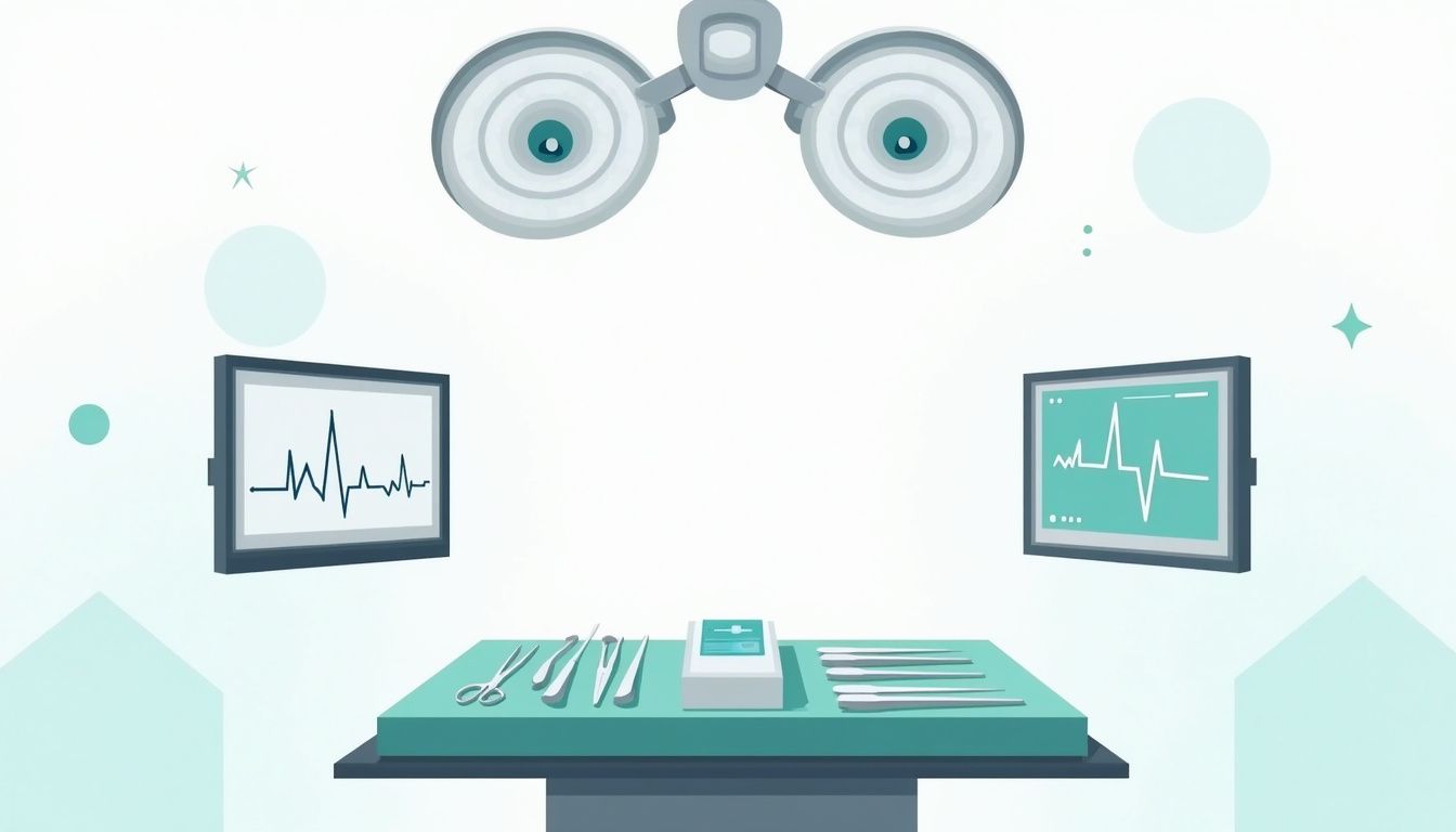 Minimalistische illustratie van een operatorkamer met chirurgische instrumenten en monitors.