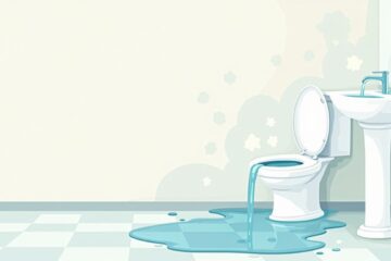 Minimalistische illustratie van een overstroomt toilet in een badkamer.