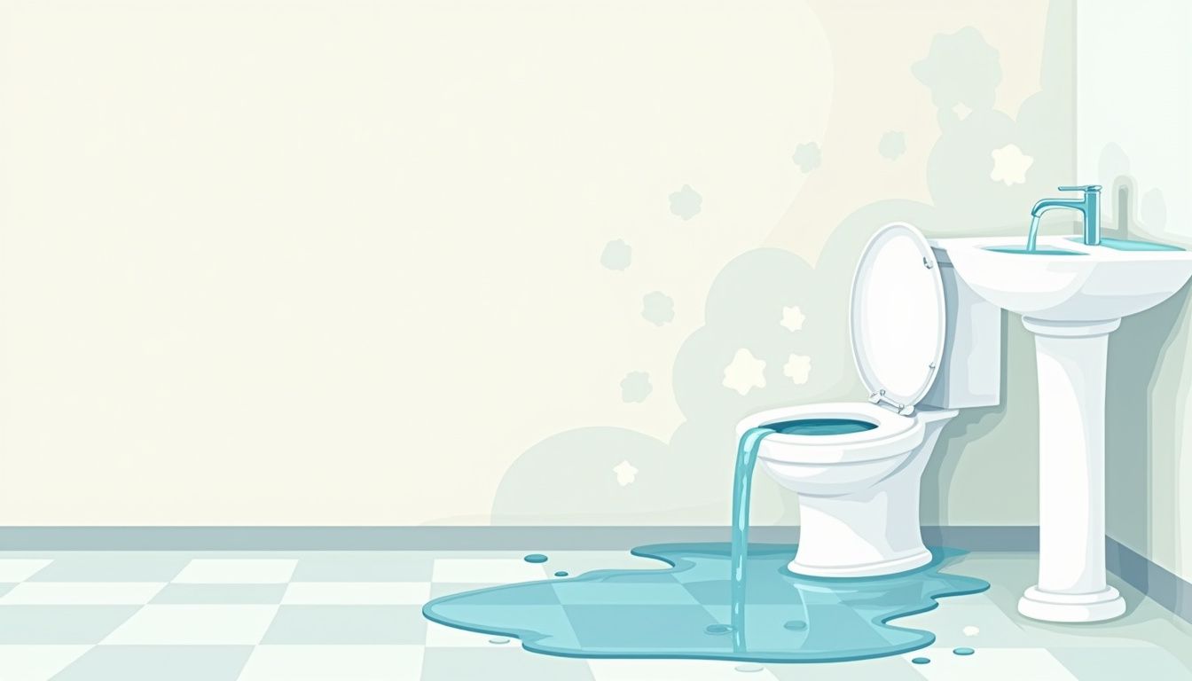 Minimalistische illustratie van een overstroomt toilet in een badkamer.