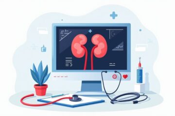 Minimalistische illustratie van een echografiescherm met een niericoon.