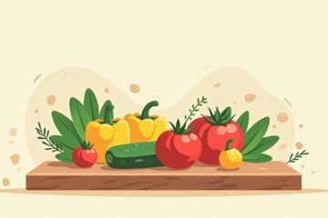 Minimalistische vectorillustratie van groenten en fruit op een snijplank.