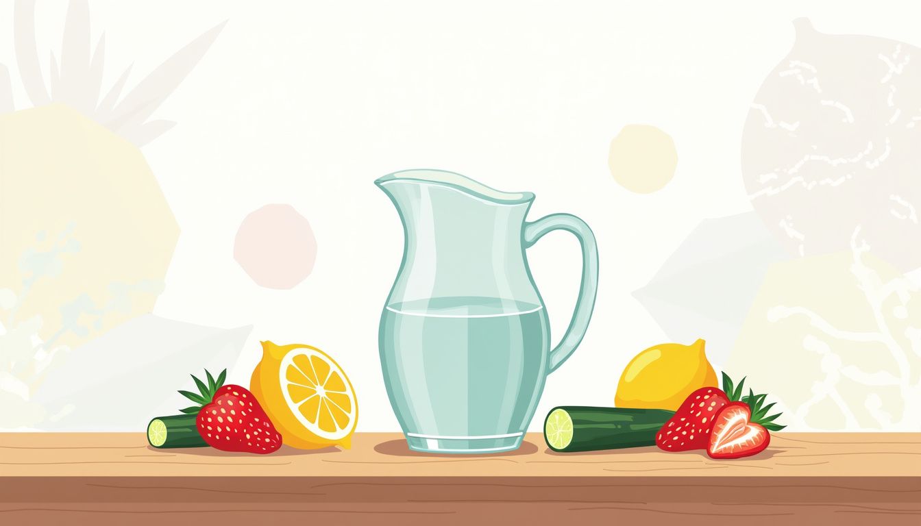 Minimalistische vectorillustratie van een pitcher met fruit op een tafel. Minimalistische vectorillustratie van een pitcher met fruit op een tafel.