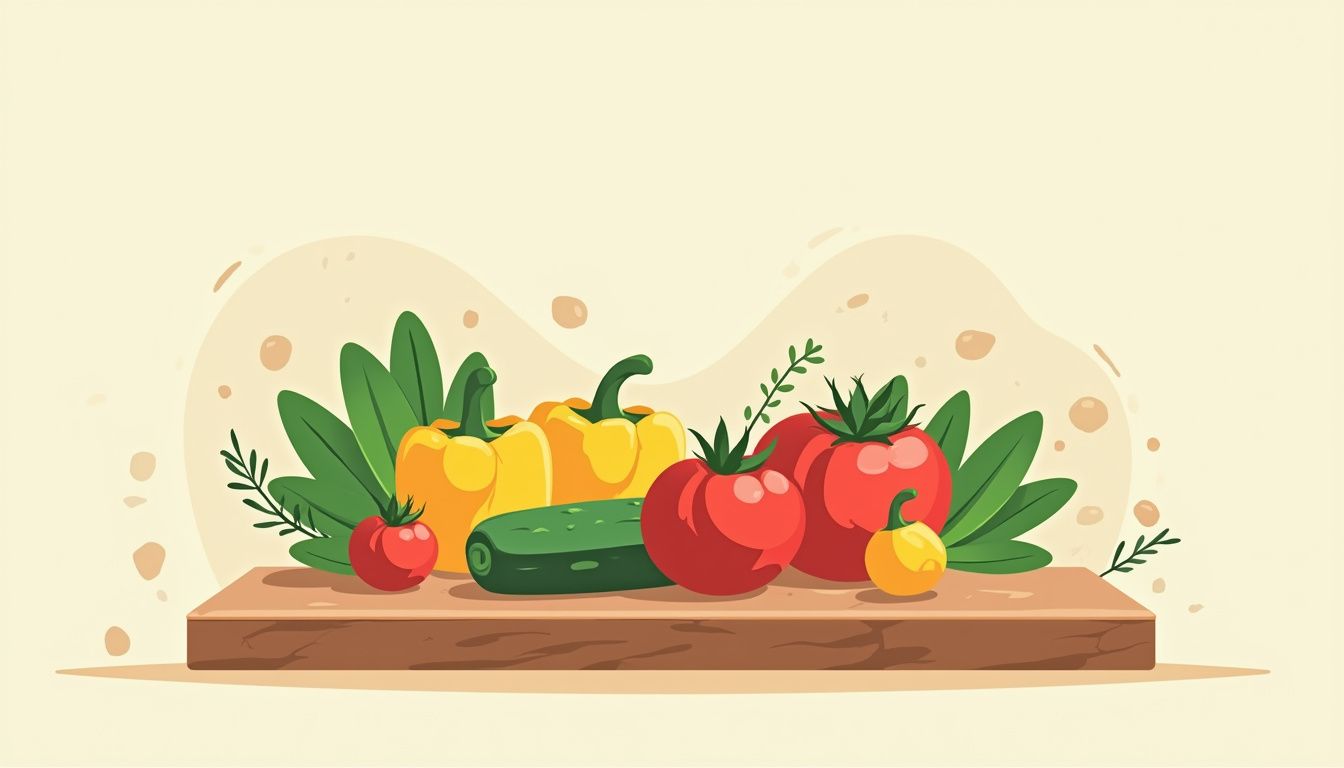 Minimalistische vectorillustratie van groenten en fruit op een snijplank.