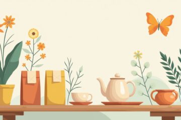 Een rustieke tafel met kleurrijke thee en minimalistische decoraties.