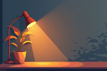 Minimalistische illustratie van een kamer met een lamp en plant.