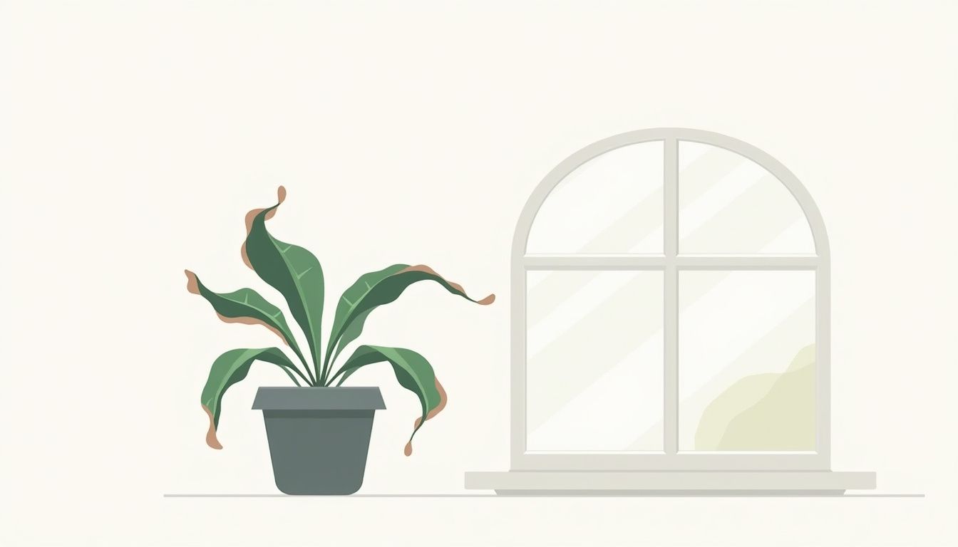 Grafische illustratie van een verwelkte plant in een minimalistische pot.