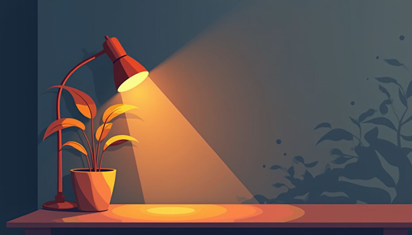 Minimalistische illustratie van een kamer met een lamp en plant.