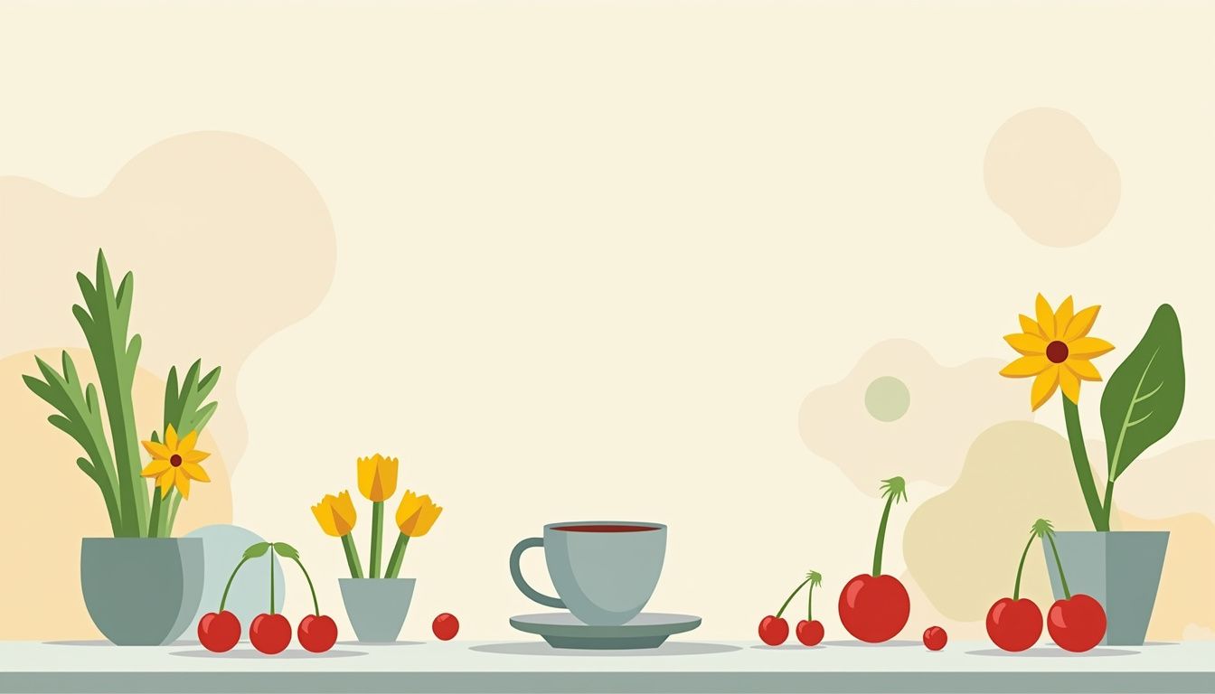 Minimalistische keukenillustratie met thee, selderij, bloemen en kersen.